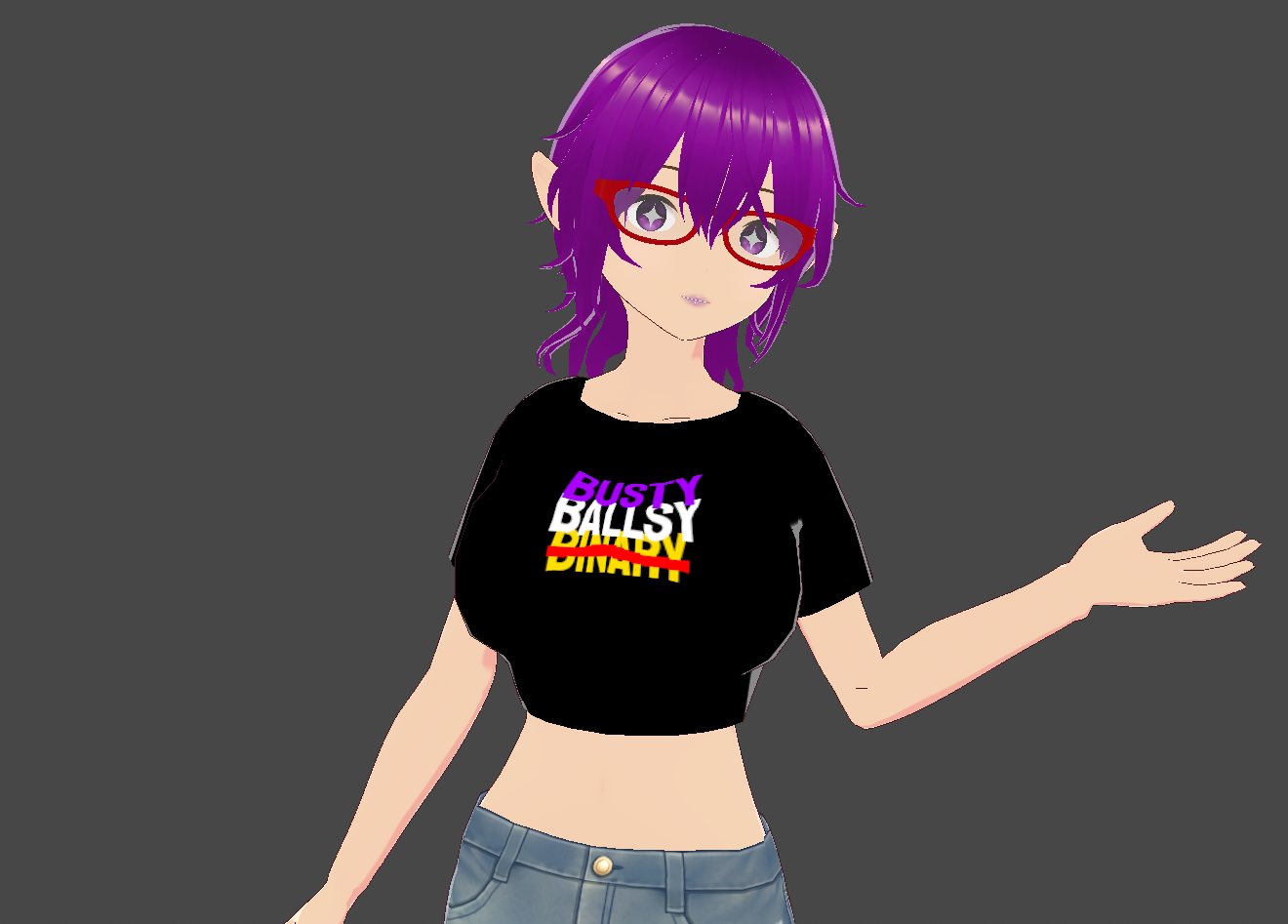 Jaida wearing a black shirt with “Busty, Ballsy, Binary” written in the nonbinary flag colors. The “Binary” has been crossed out