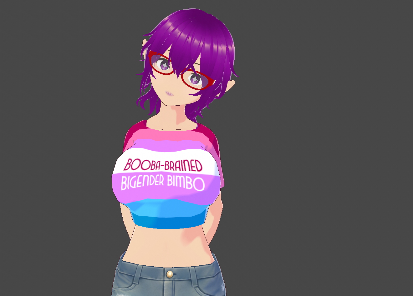 Jaida wearing a shirt comprised of one of the bigender flags - starting with a deep pink at the top and fading to a purple with a stripe of white before another purple strip before fading to a dark blue. The words “Booba-Brained Bigender Bimbo” is written in the deep pink color.